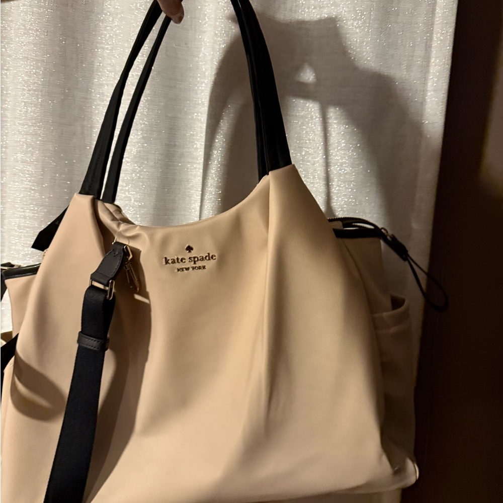 Kate Spade Tan Black Tote Bag weekender luggage bag  kids children shower baby